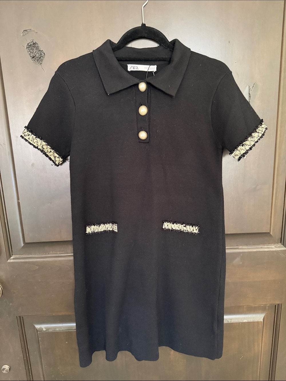 Zara Black Knit Polo Dress with Cream Trim and Gold Buttons Size Medium